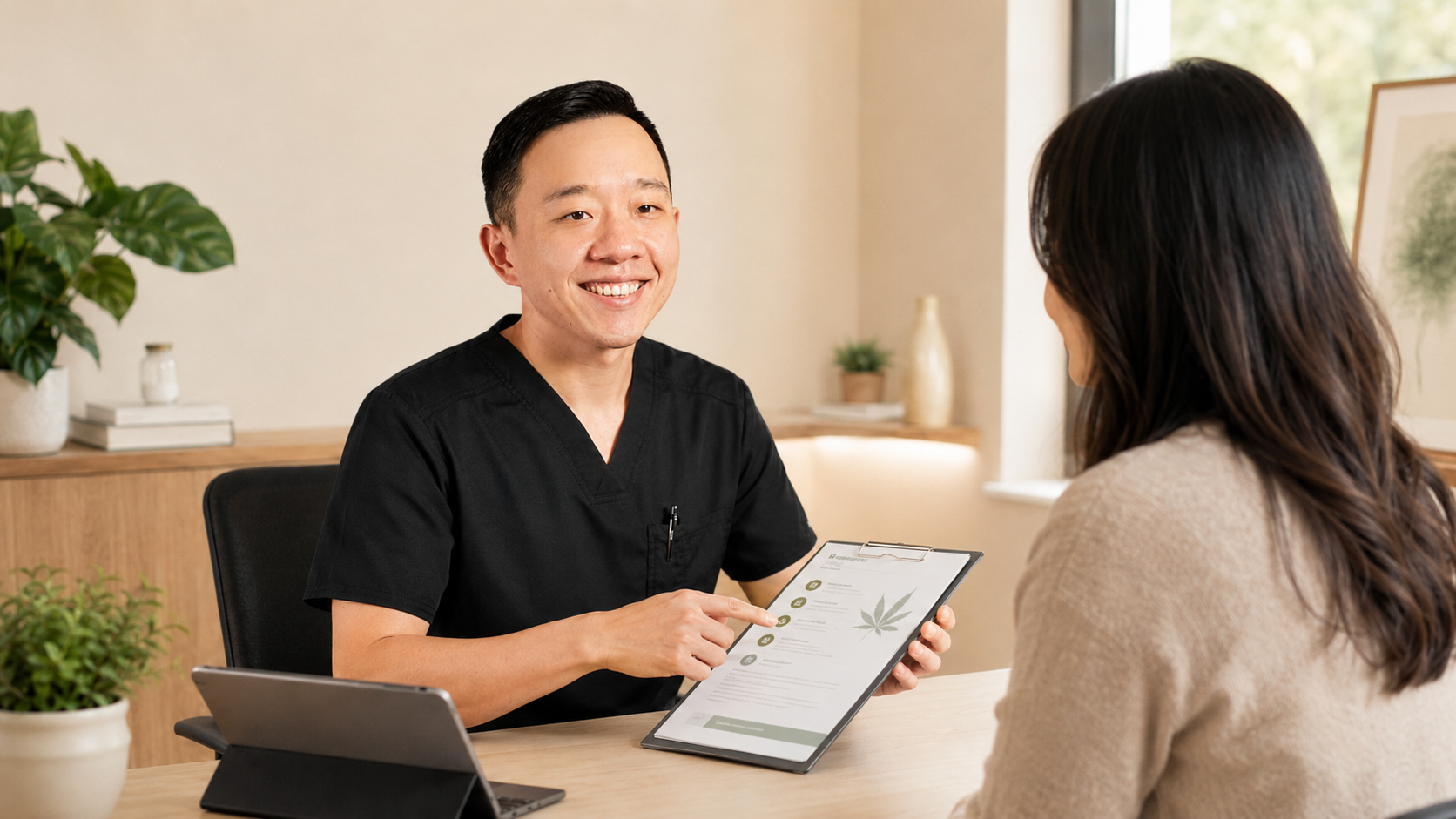 Dr. YiQiu Hu reviewing Arizona medical marijuana qualification and certification information with a patient