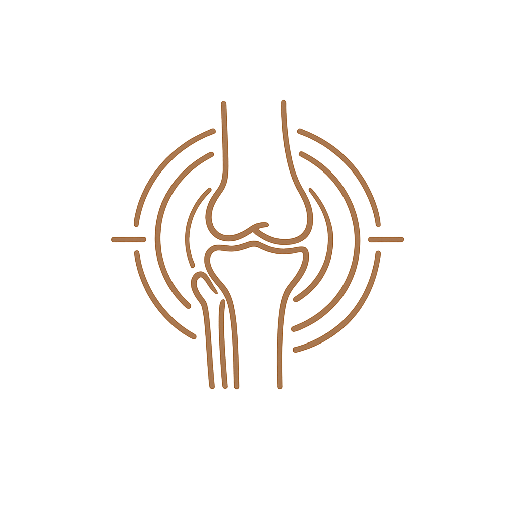 Minimalist line drawing of a human knee joint with concentric circles indicating focus or pain.