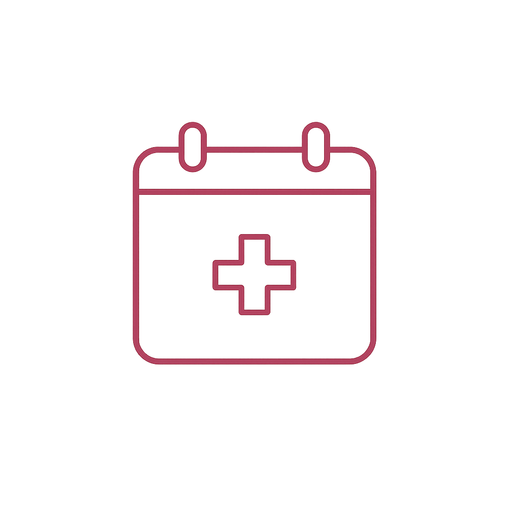 Outline icon of a first aid kit with a cross symbol, in pink and black colors.