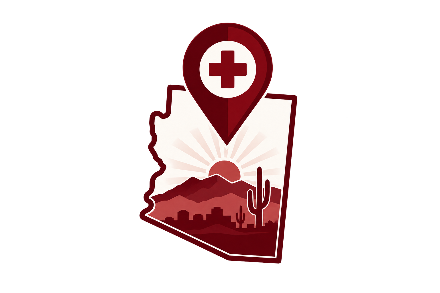 Illustration of Arizona with mountains, cactus, and a sunrise, featuring a medical cross icon at the top.