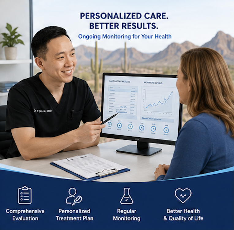 Physician reviewing laboratory results with a patient during a personalized hormone replacement therapy consultation in Arizona