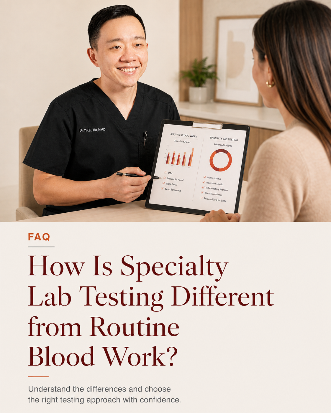A healthcare professional showing a woman a report about blood work and lab testing, with charts and graphs, in a consultation room.