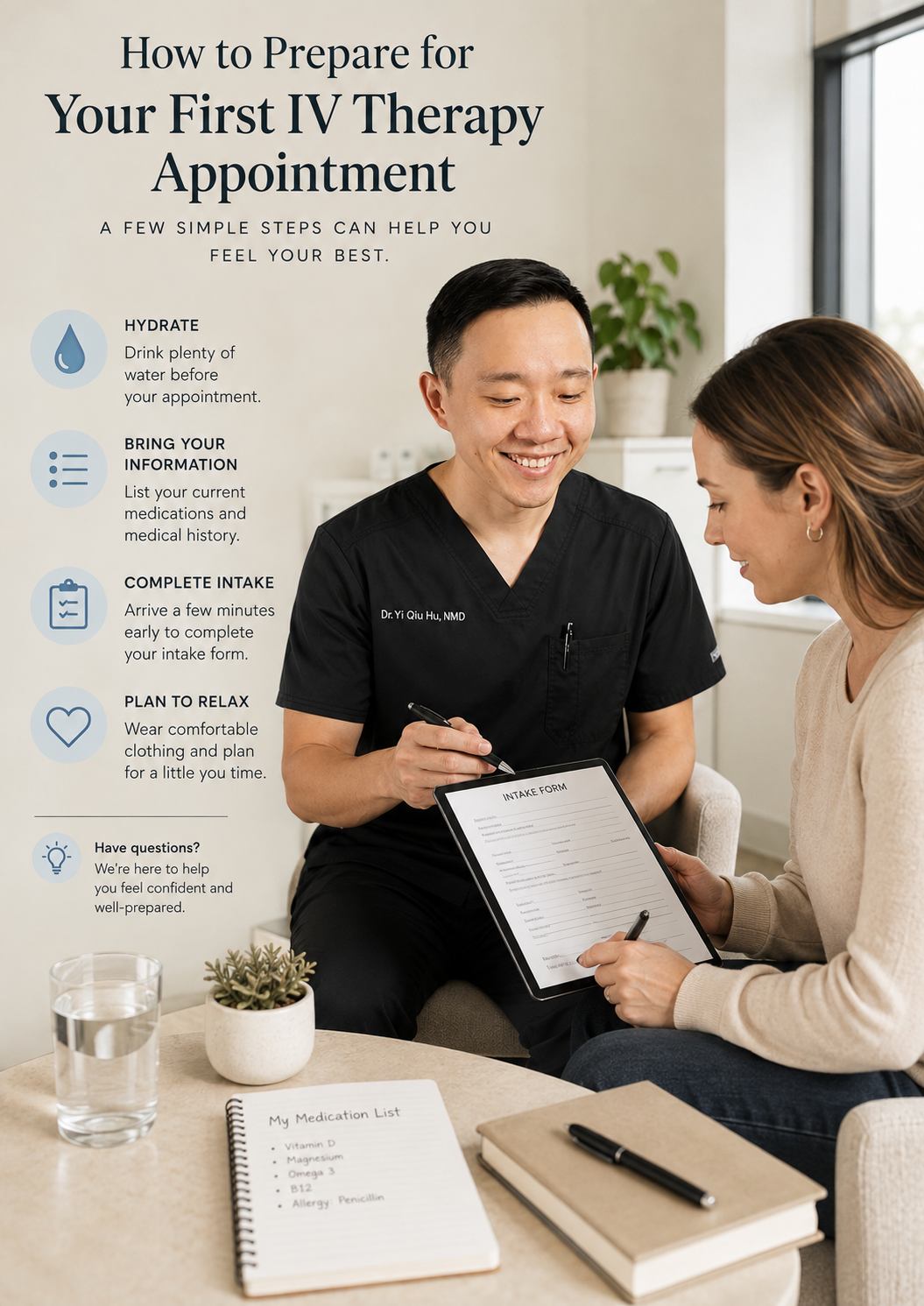 A healthcare professional wearing black scrubs sitting next to a woman holding an intake form on a tablet, in a clinical setting with a potted plant and informational text on how to prepare for an IV therapy appointment.