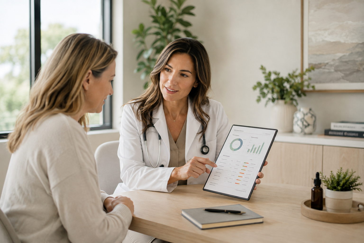 Dr. Hu reviewing specialty laboratory test results with a patient