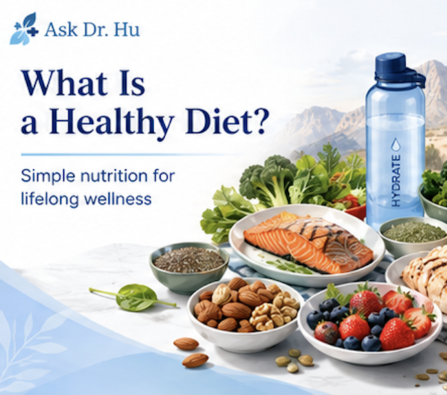 Promotional graphic from Ask Dr. Hu titled "What Is a Healthy Diet?" with a subtitle "Simple nutrition for lifelong wellness." The image includes a variety of healthy foods such as salmon, berries, nuts, seeds, leafy greens, and a blue water bottle with the word "Hydrate" on it, all set against a light background with mountains in the distance.