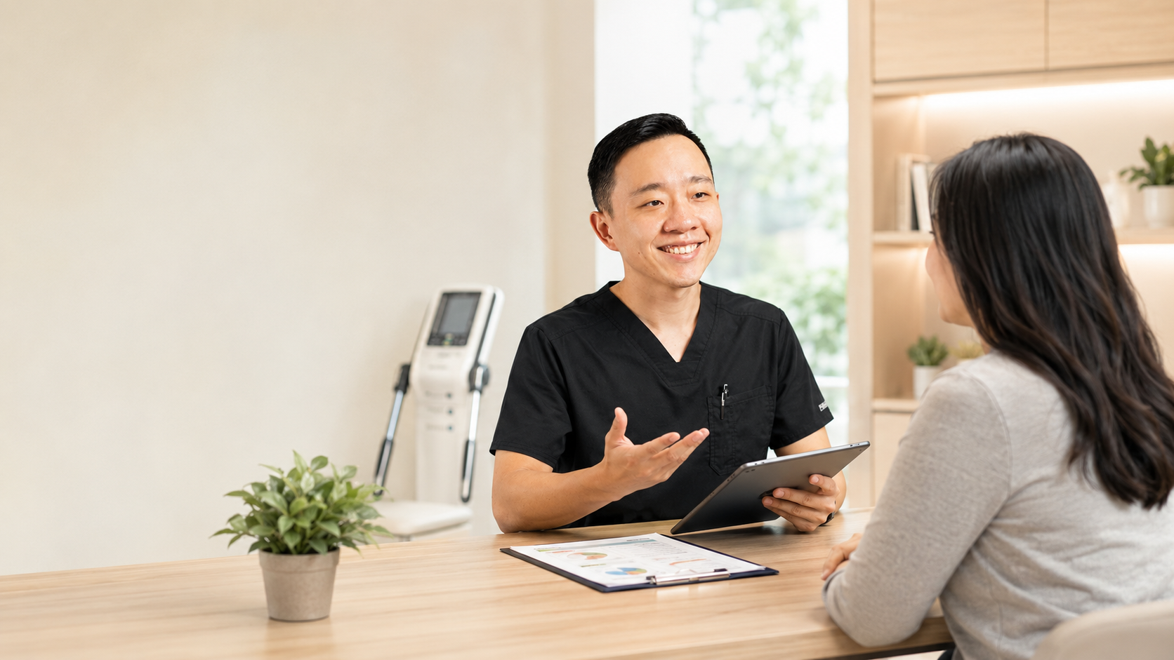 Dr. YiQiu Hu reviewing medical forms and records with a patient during the medical documentation process in Arizona