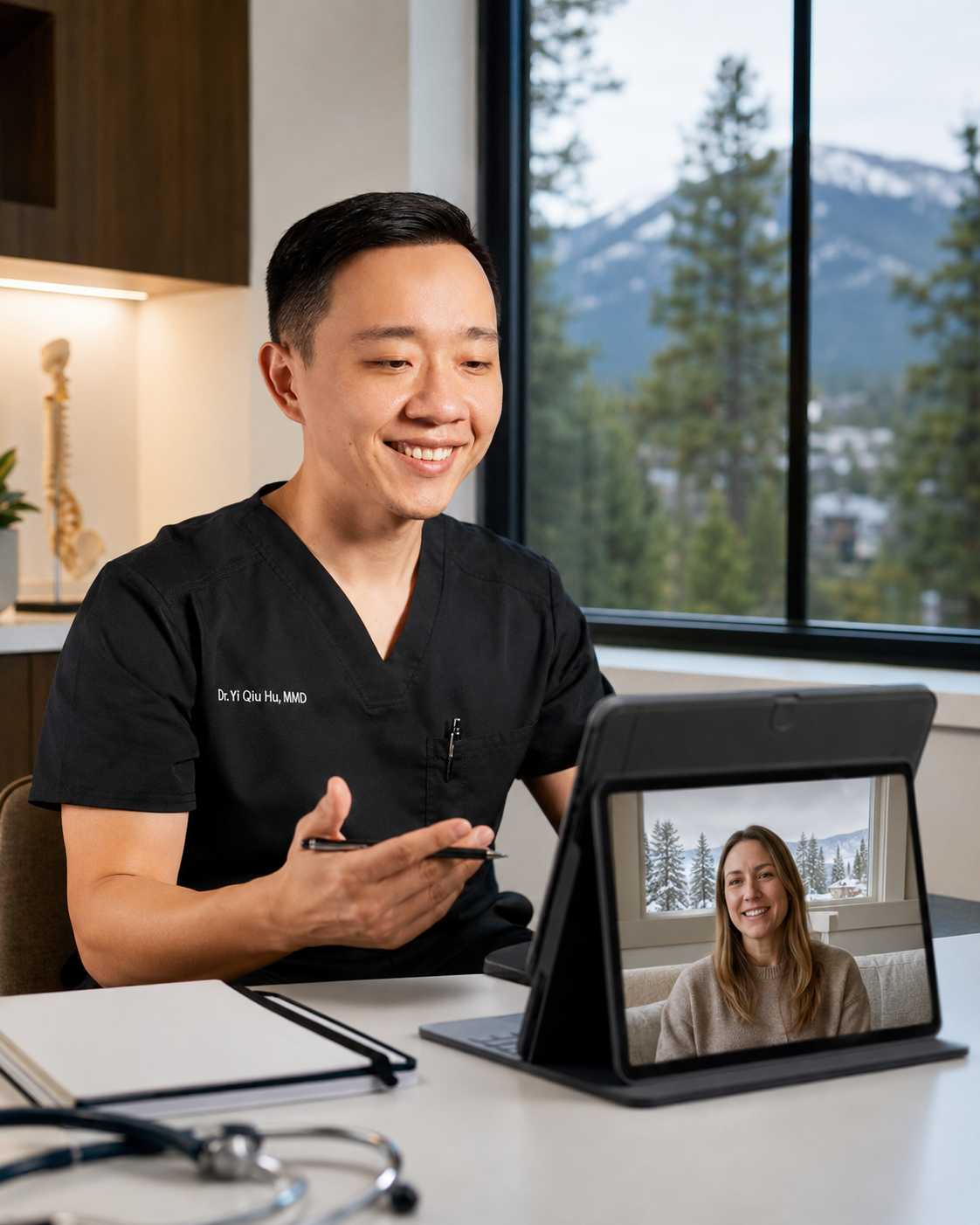 Dr. YiQiu Hu providing a telemedicine appointment for a patient in Flagstaff, Arizona