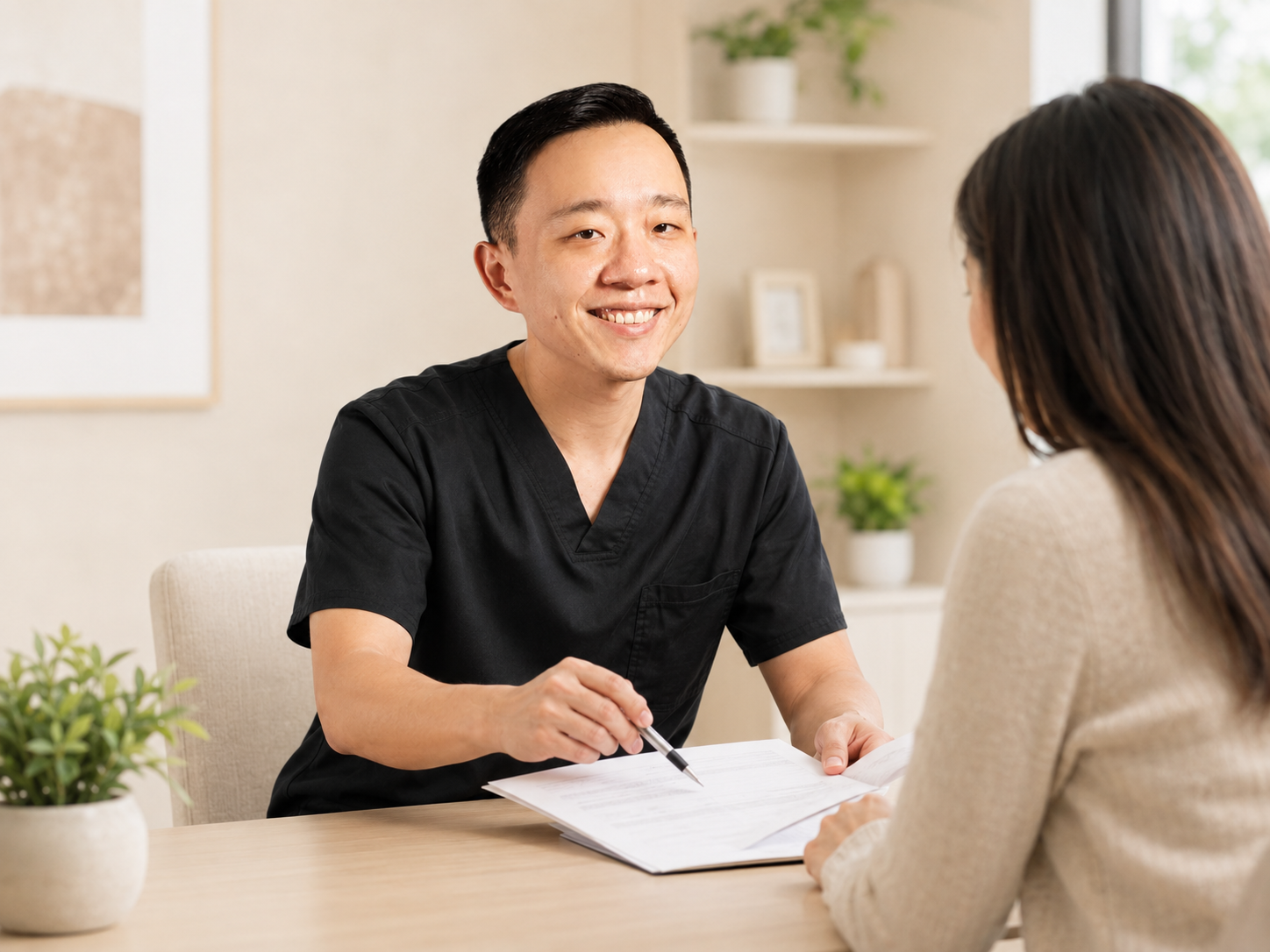 Dr. YiQiu Hu discussing a medical documentation request with a patient during an Arizona consultation