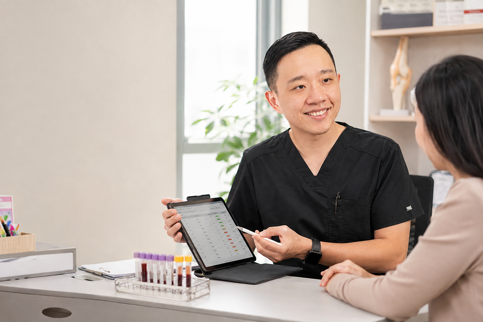 Dr. YiQiu Hu reviewing laboratory test results with a patient during a medical consultation.