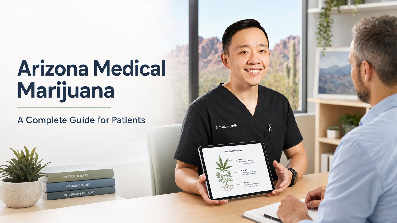 Dr. Hu discussing Arizona medical marijuana certification and safe cannabis use with a patient