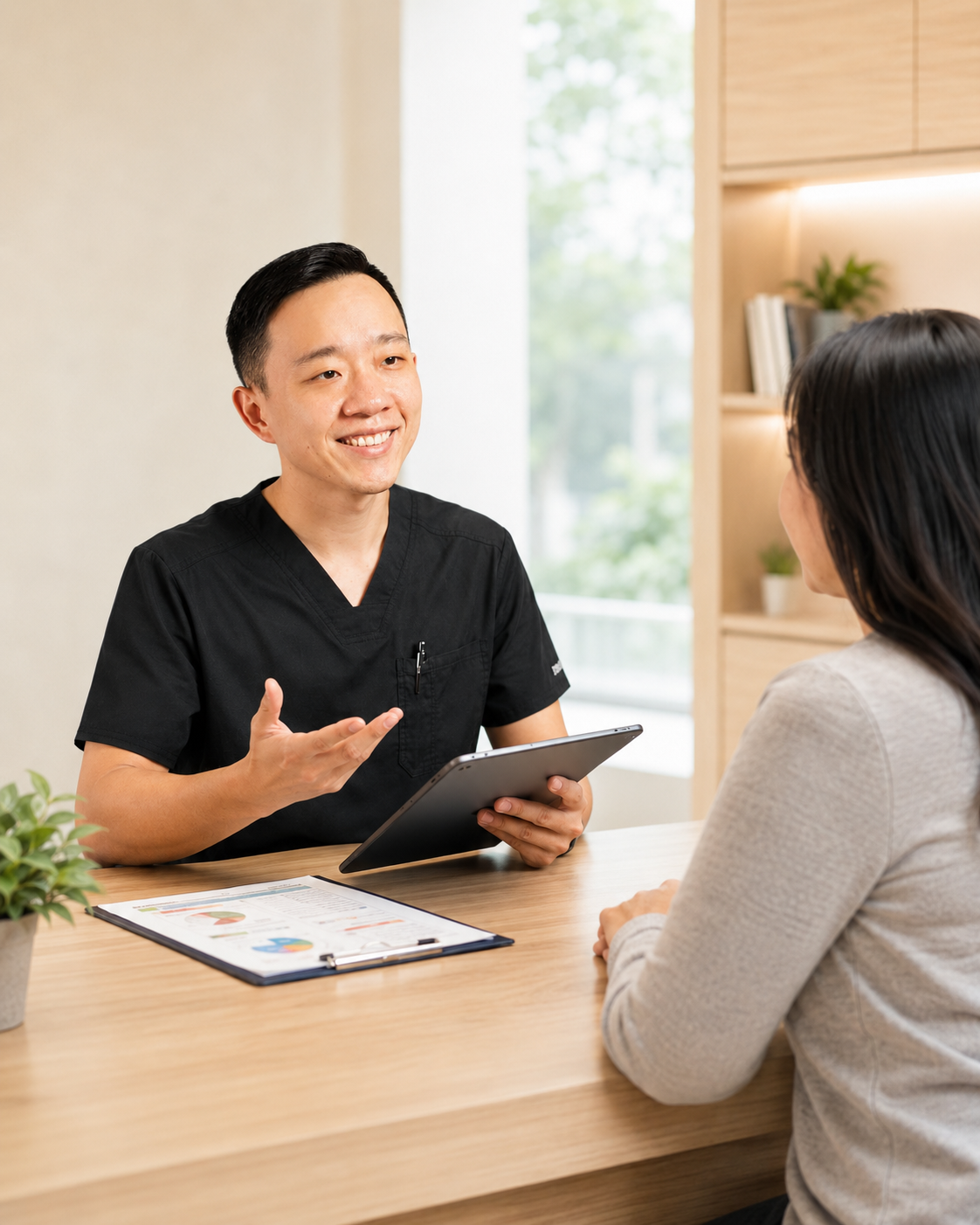 Dr. YiQiu Hu reviewing medical forms and records with a patient during the medical documentation process in Arizona