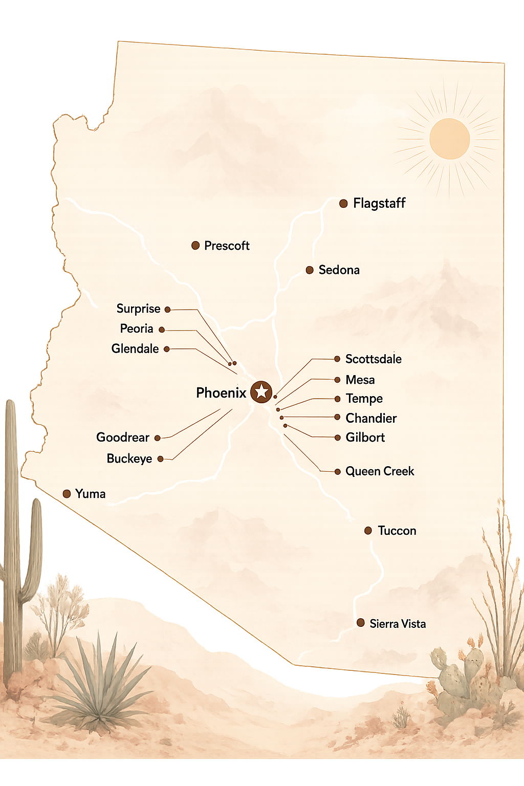 Map of Arizona with cities and towns labeled, including Phoenix, Flagstaff, Prescott, Sedona, and others, with desert landscape illustrations at the bottom and a sun in the upper right corner.