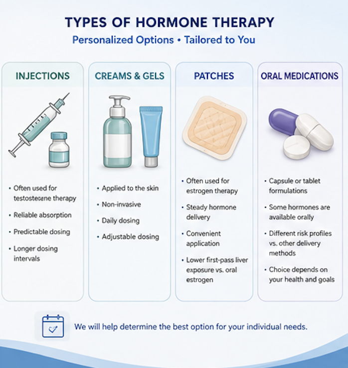 Infographic illustrating common hormone replacement therapy delivery methods including injections creams patches and oral medications