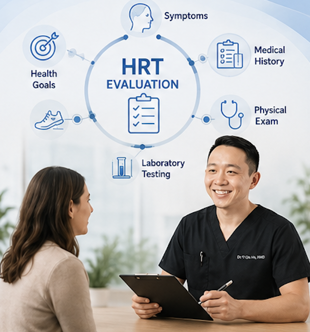 Hormone replacement therapy evaluation process including symptoms medical history laboratory testing and health goals