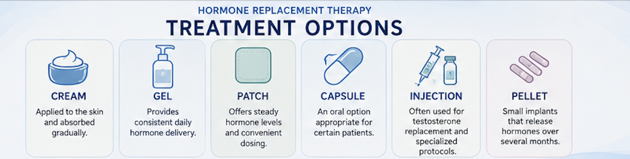 Hormone replacement therapy delivery methods including creams gels patches capsules injections and pellets