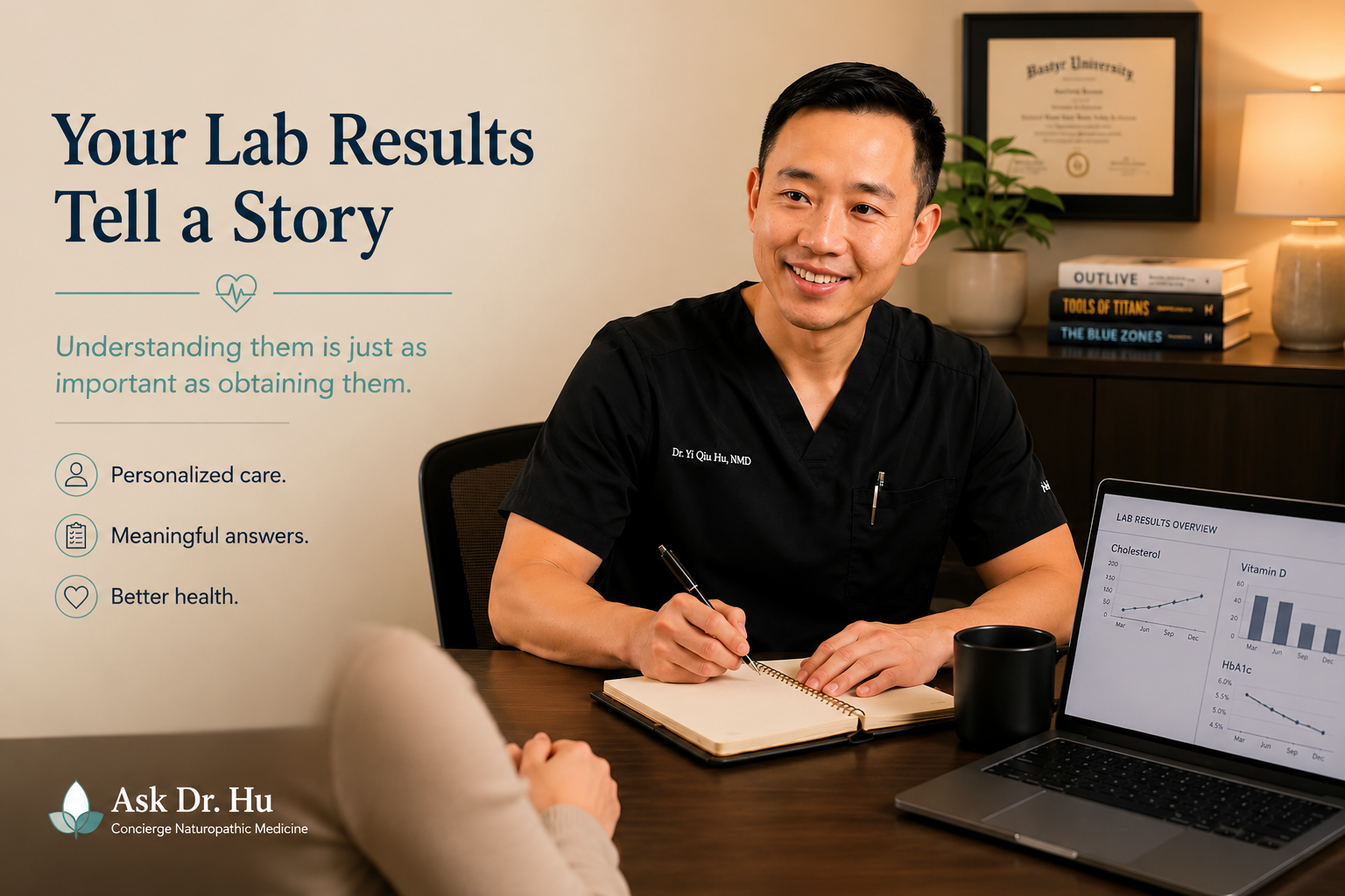Dr. Hu explaining laboratory results to a patient during a personalized preventive healthcare consultation.