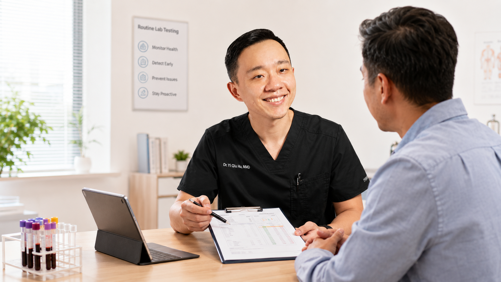 Physician reviewing laboratory reference ranges and blood test results with a patient