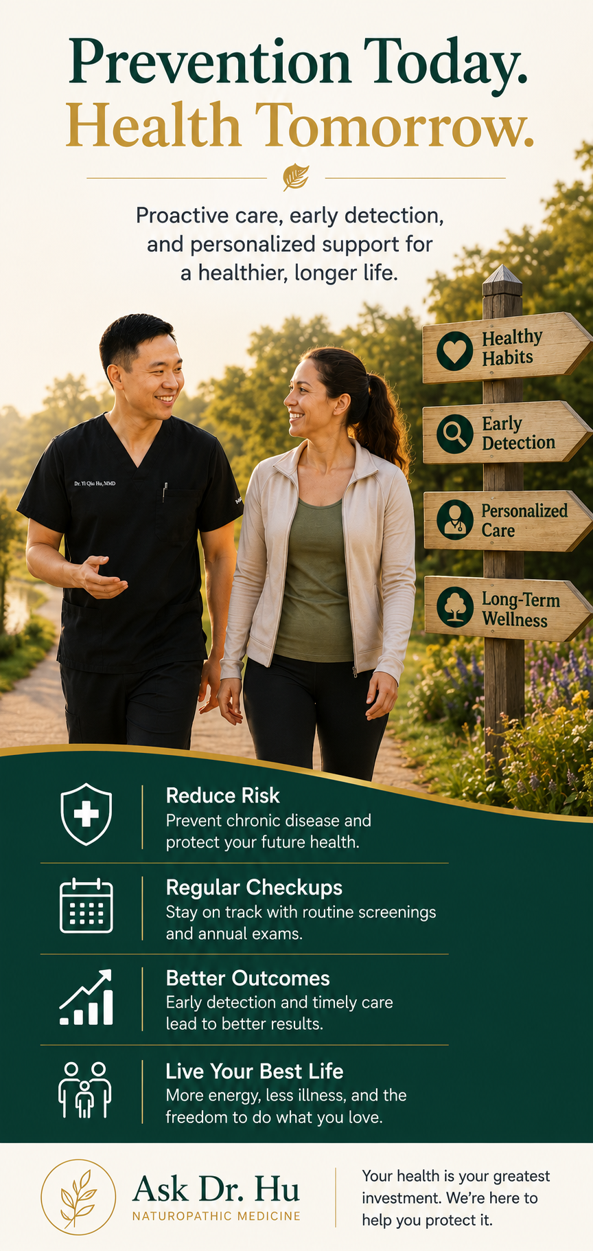 A healthcare professional and a woman walking outdoors with a signpost pointing to healthy habits, early detection, personalized care, and long-term wellness. The image promotes preventive healthcare, regular checkups, and living a healthy life.