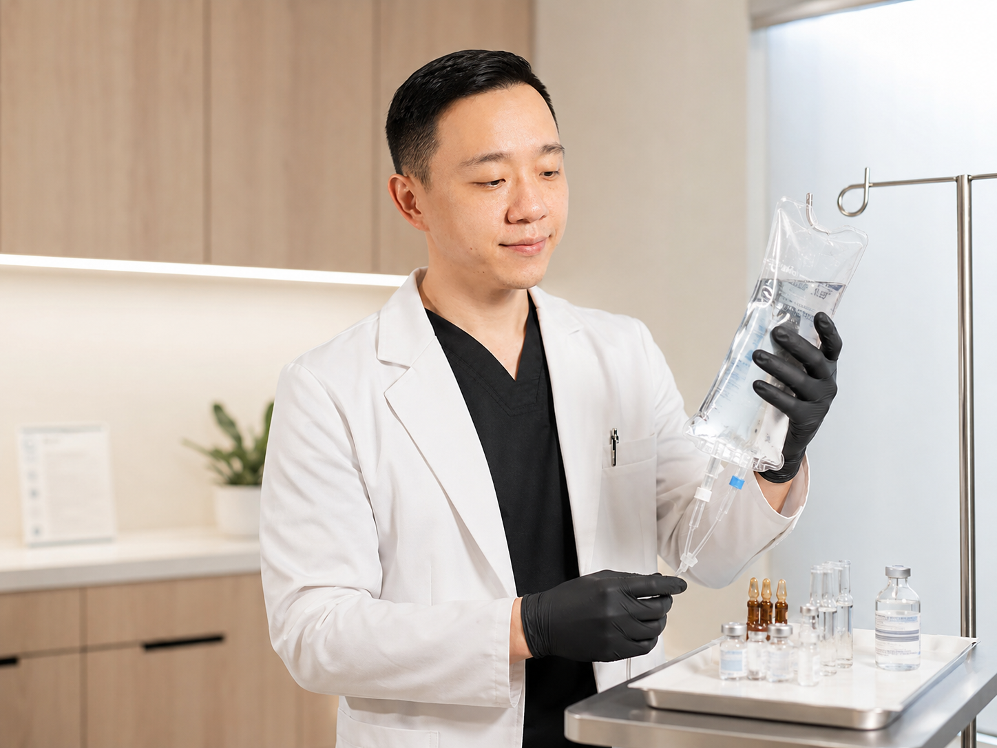 Dr. Hu reviewing sterile IV ingredients and an infusion bag for a personalized IV nutrient therapy plan