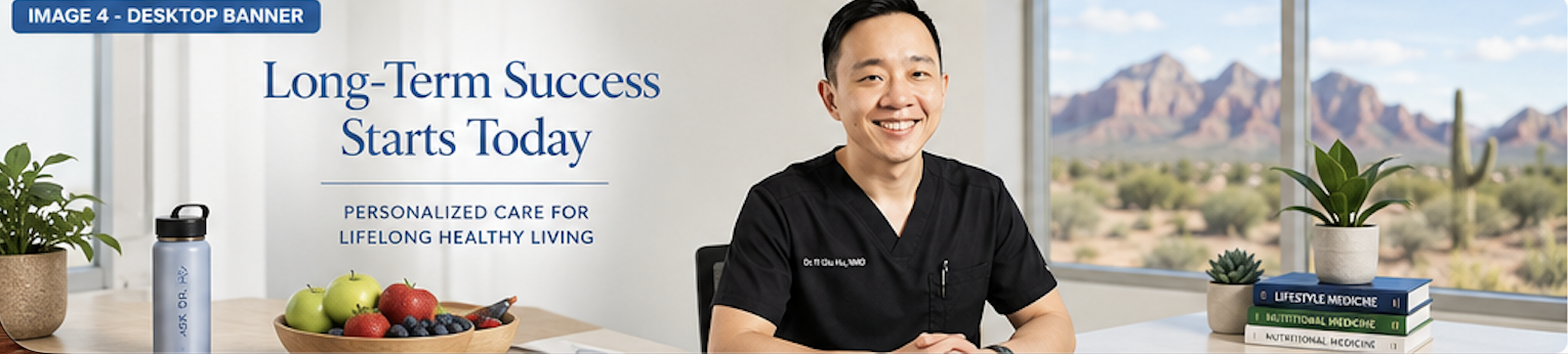 A smiling healthcare professional sitting at a desk in a bright room with a scenic mountain view outside the window. The desk has a bowl of fruit, a water bottle, and a stack of books about lifestyle and nutritional medicine. A banner on the wall reads 'Long-Term Success Starts Today' with a subtitle about personalized care for healthy living.