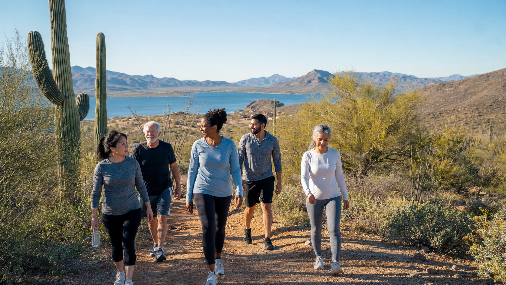 Adults enjoying an active healthy lifestyle on a desert trail in Peoria Arizona