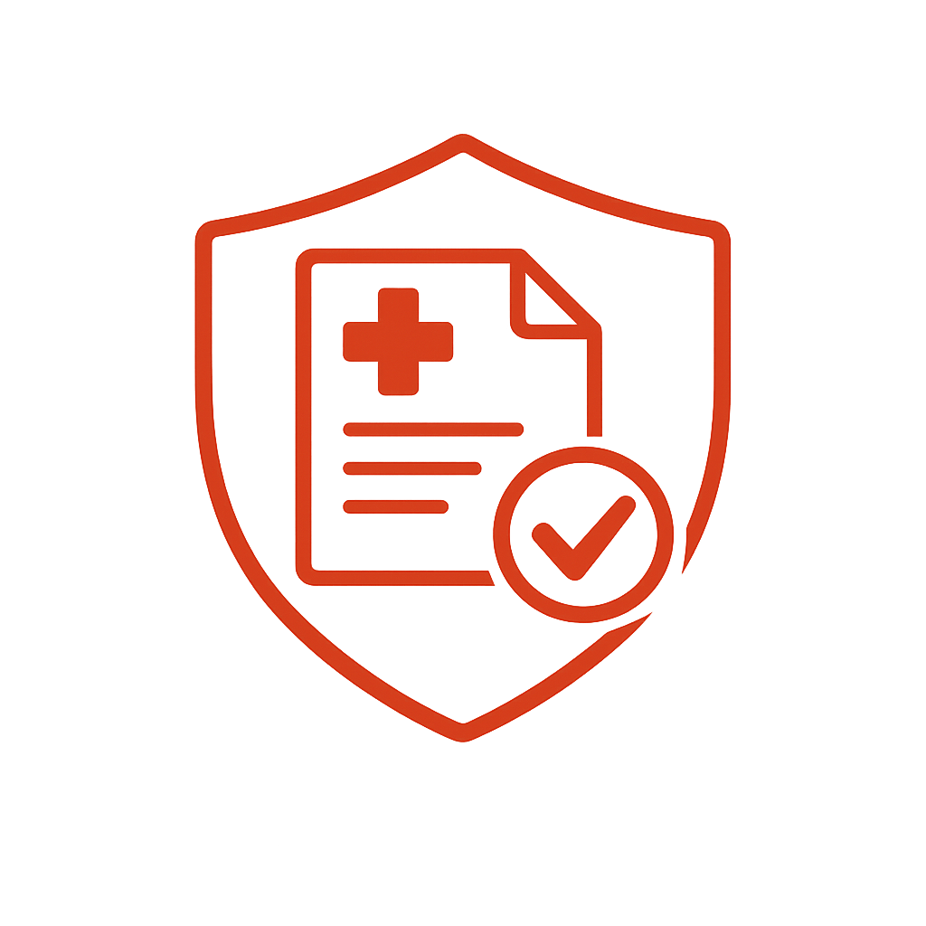 Medical shield with a document and a checkmark icon, representing health insurance or medical protection.