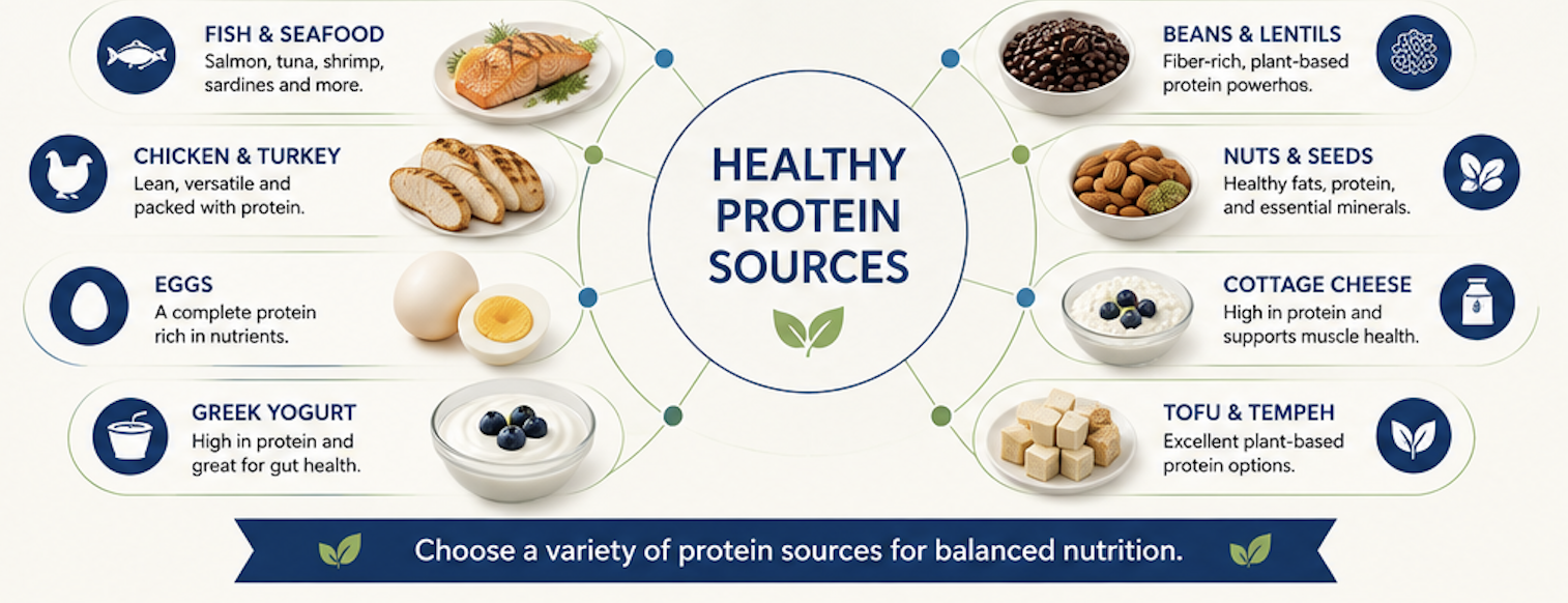 Diagram listing healthy protein sources including fish and seafood, chicken and turkey, eggs, Greek yogurt, beans and lentils, nuts and seeds, cottage cheese, tofu and tempeh.