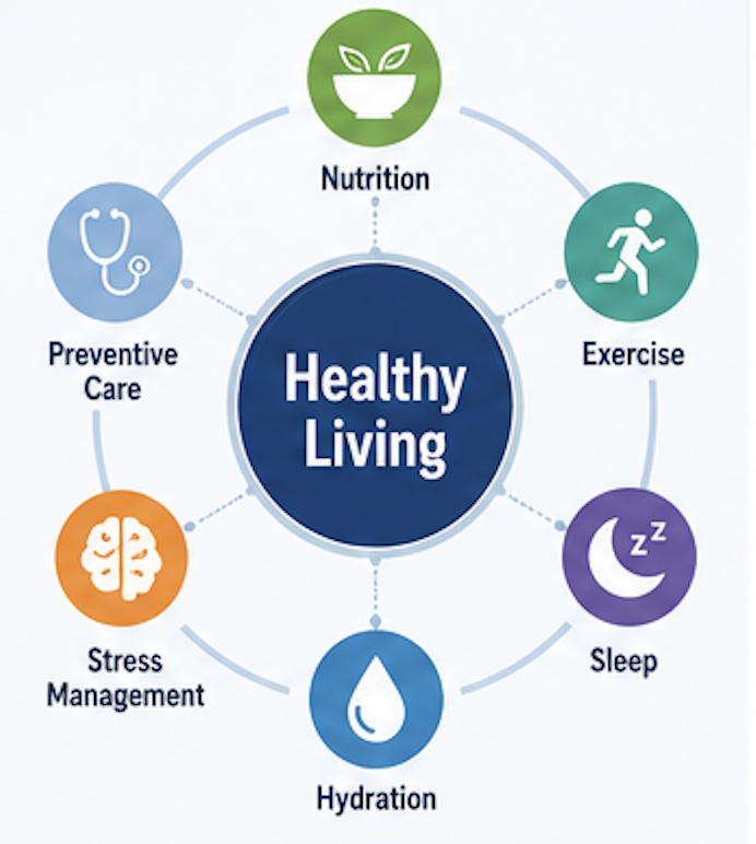 Infographic showing the six pillars of a healthy lifestyle including nutrition exercise sleep hydration stress management and preventive healthcare