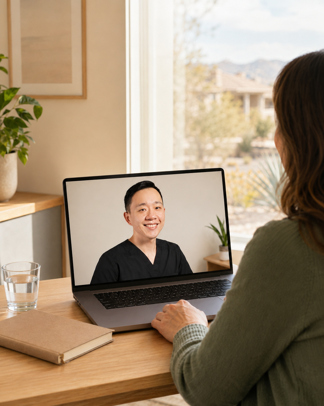 A woman participating in a video call with a man who is wearing black scrubs, sitting at a wooden table with a glass of water, a notebook, and a plant in the background.