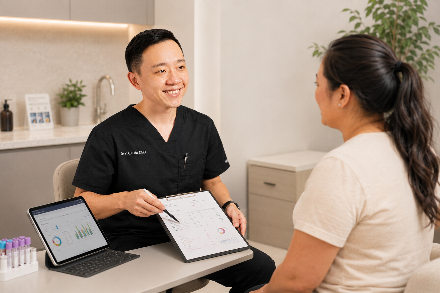 Dr. YiQiu Hu discussing preventive healthcare and long-term health planning with a patient