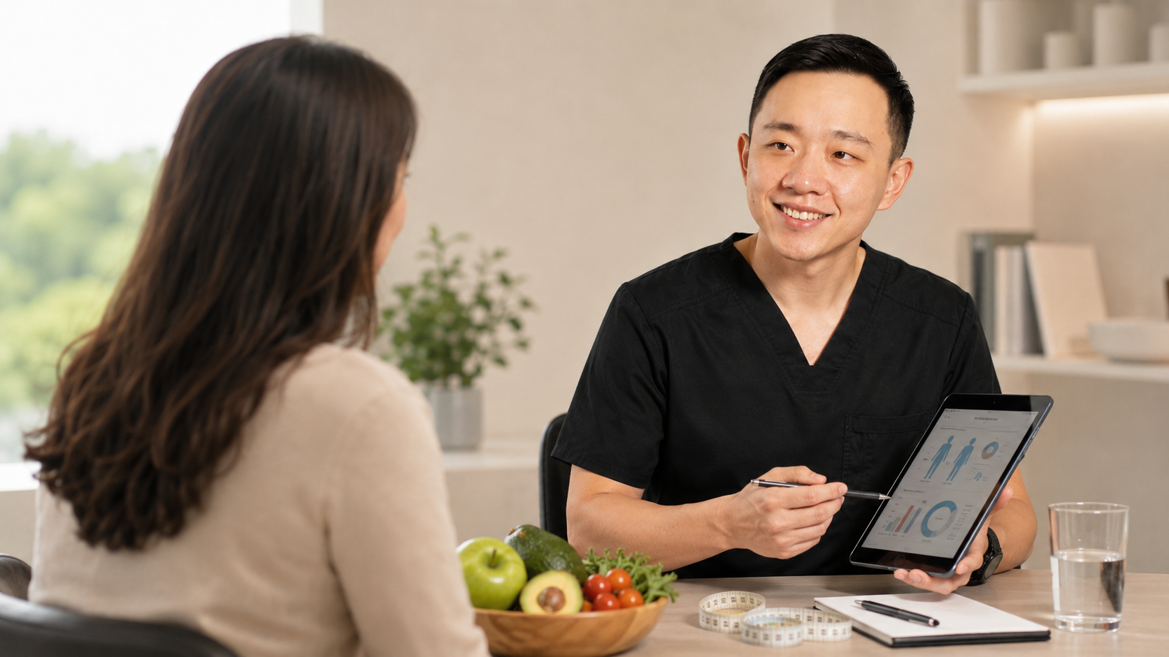 Dr. Hu discussing personalized concierge medical care with a patient in Arizona