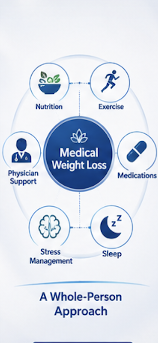 Medical weight loss infographic showing nutrition exercise medications sleep stress management and physician guidance