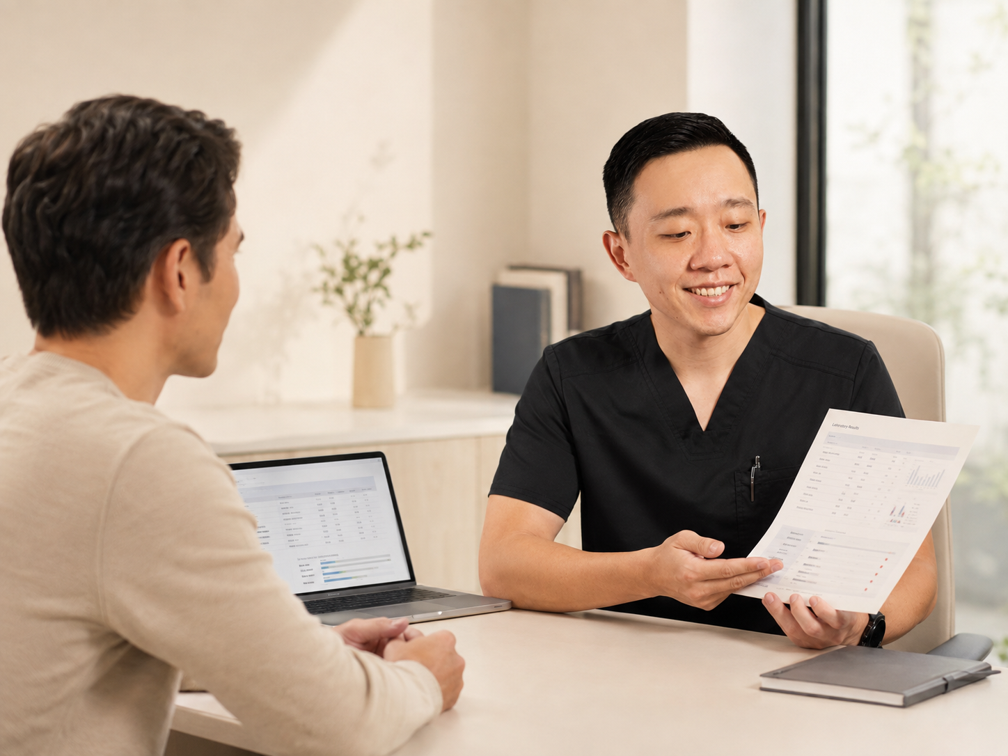 Dr. YiQiu Hu reviewing routine blood work and laboratory test results with a patient in Arizona