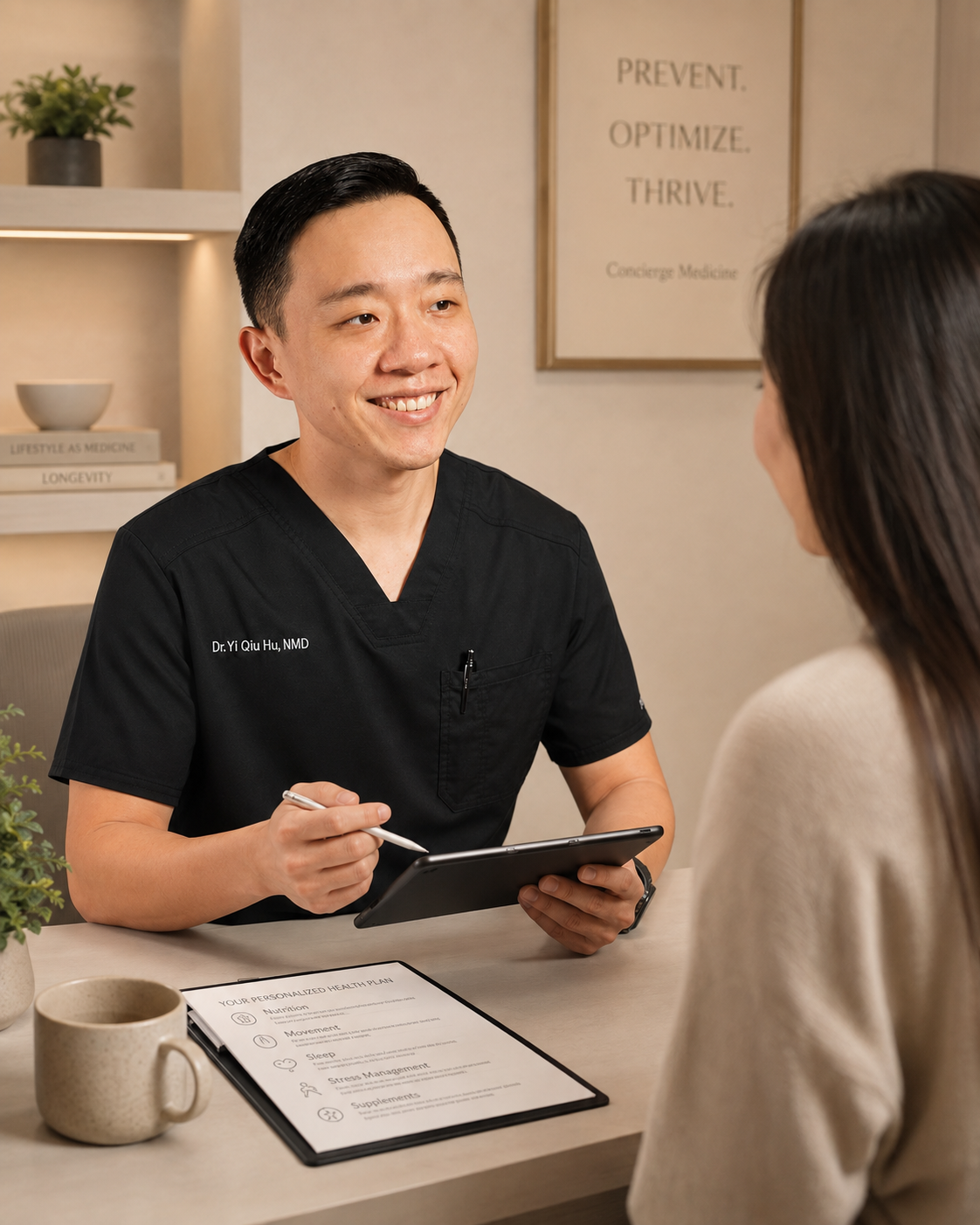 Dr. Hu reviewing a personalized preventive care and health optimization plan with a patient