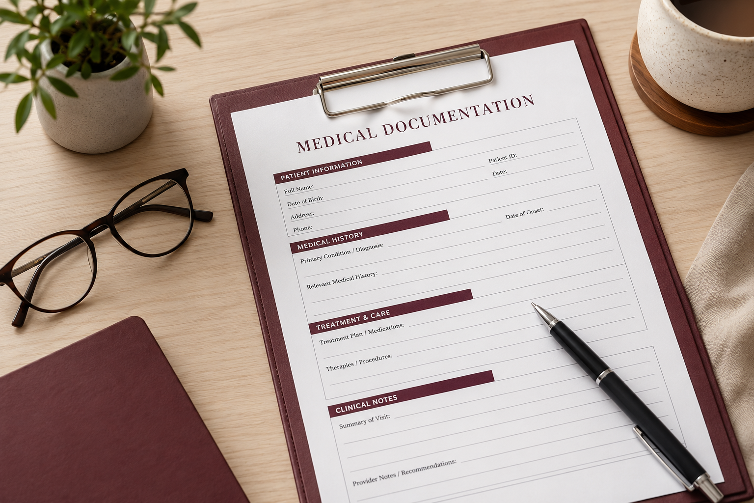 Medical forms and physician documentation arranged on a clinical office desk