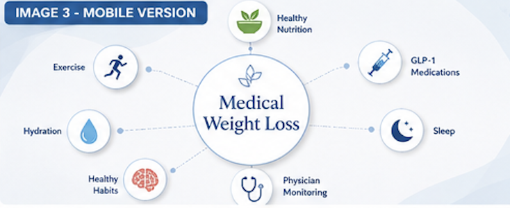 Diagram showing components of medical weight loss, including healthy nutrition, exercise, hydration, healthy habits, physician monitoring, sleep, and GLP-1 medications.