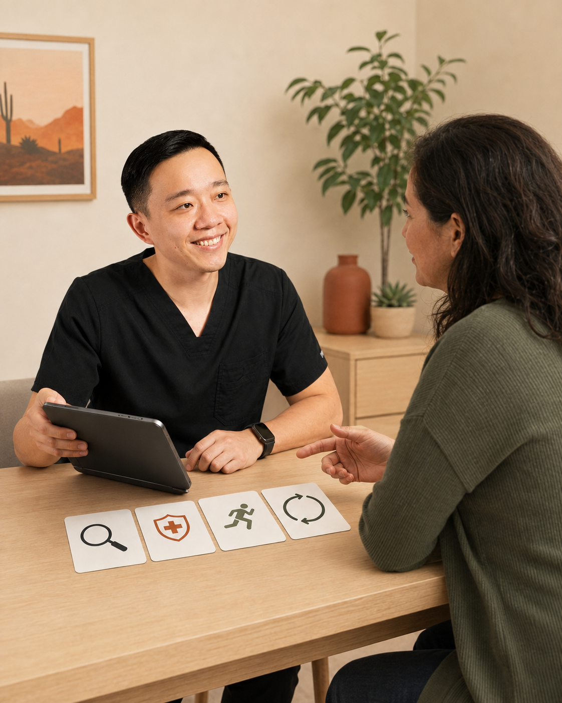 Physician organizing individualized preventive care priorities including screening, vaccines, lifestyle, and follow-up