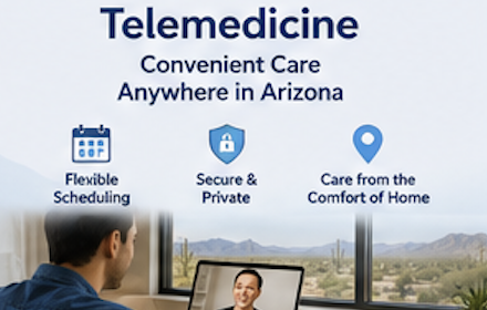 Telemedicine infographic highlighting flexible scheduling, secure private care, and care from home in Arizona with a person on a video call.