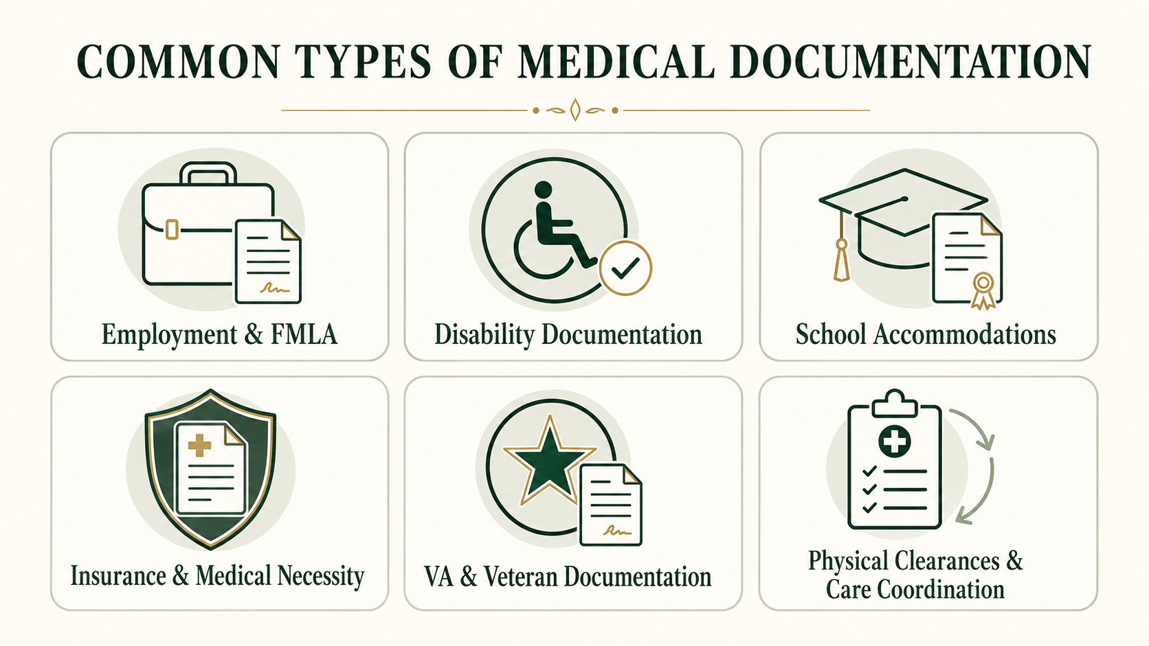 Common types of medical documentation for employment, disability, school, insurance, veterans, and medical clearance