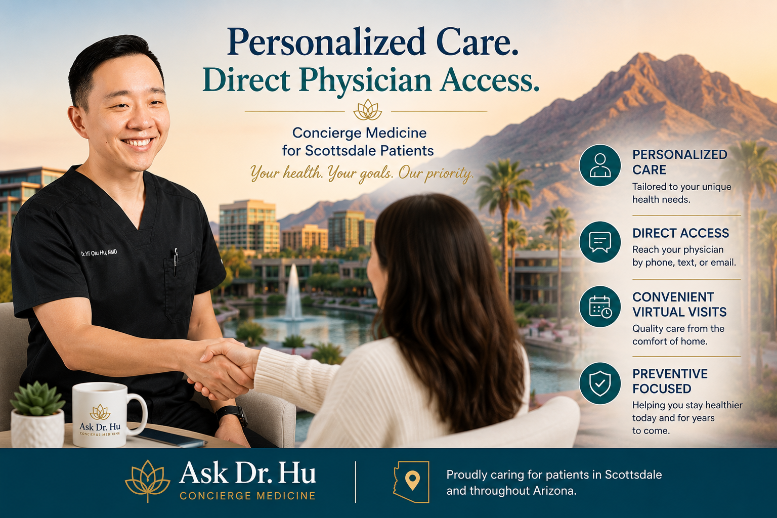 A healthcare professional shaking hands with a patient in an office setting. The background features landscapes of mountains and buildings, with palm trees and a fountain.