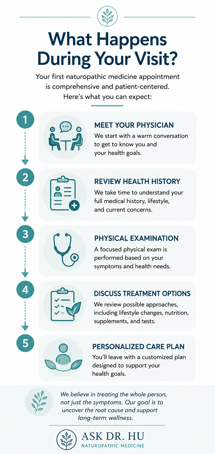 Timeline showing the steps during a first naturopathic medicine appointment