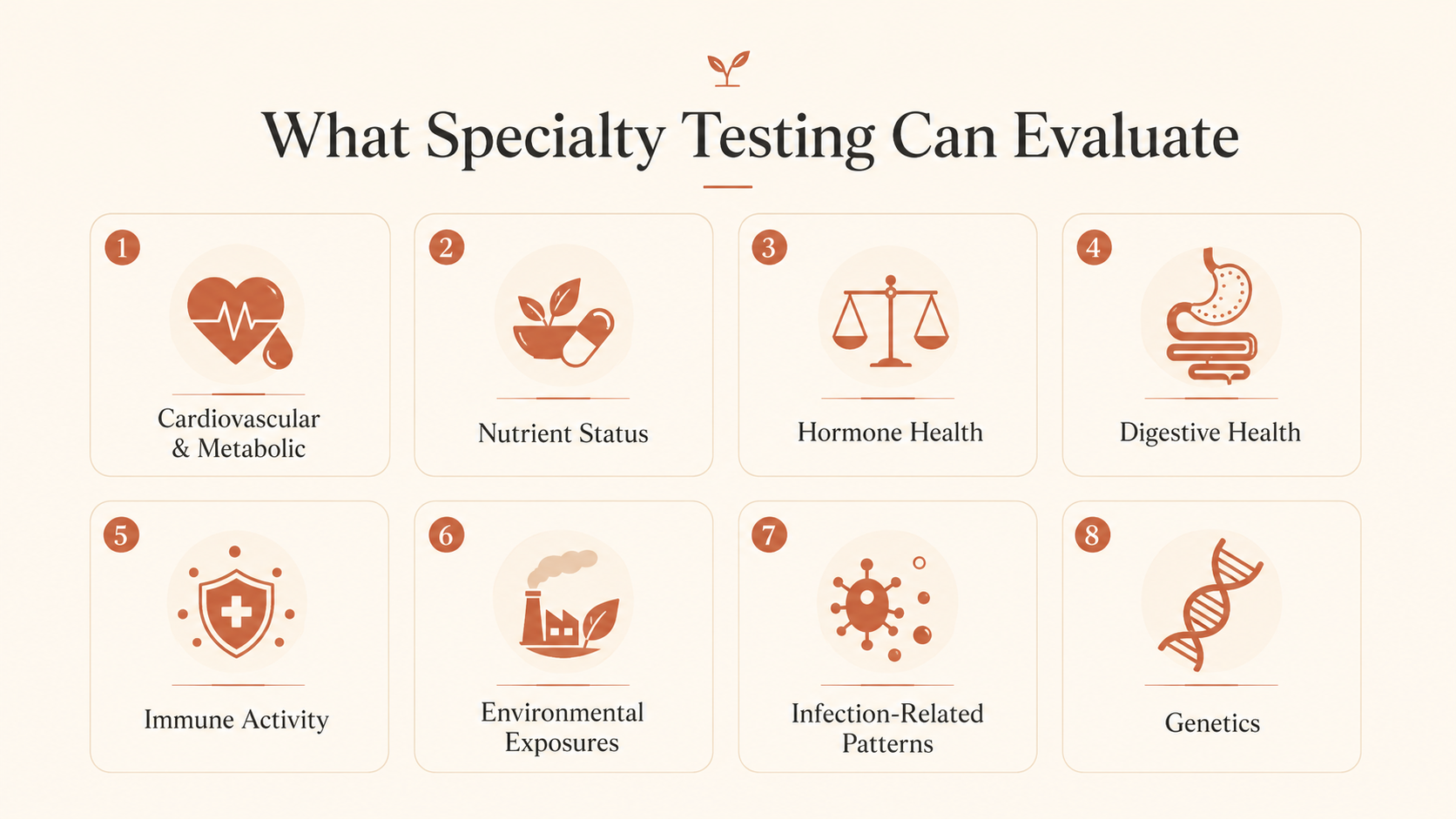A chart showing different areas that specialty testing can evaluate, including cardiovascular and metabolic health, nutrient status, hormone health, digestive health, immune activity, environmental exposures, infection-related patterns, and genetics, with icons representing each area.