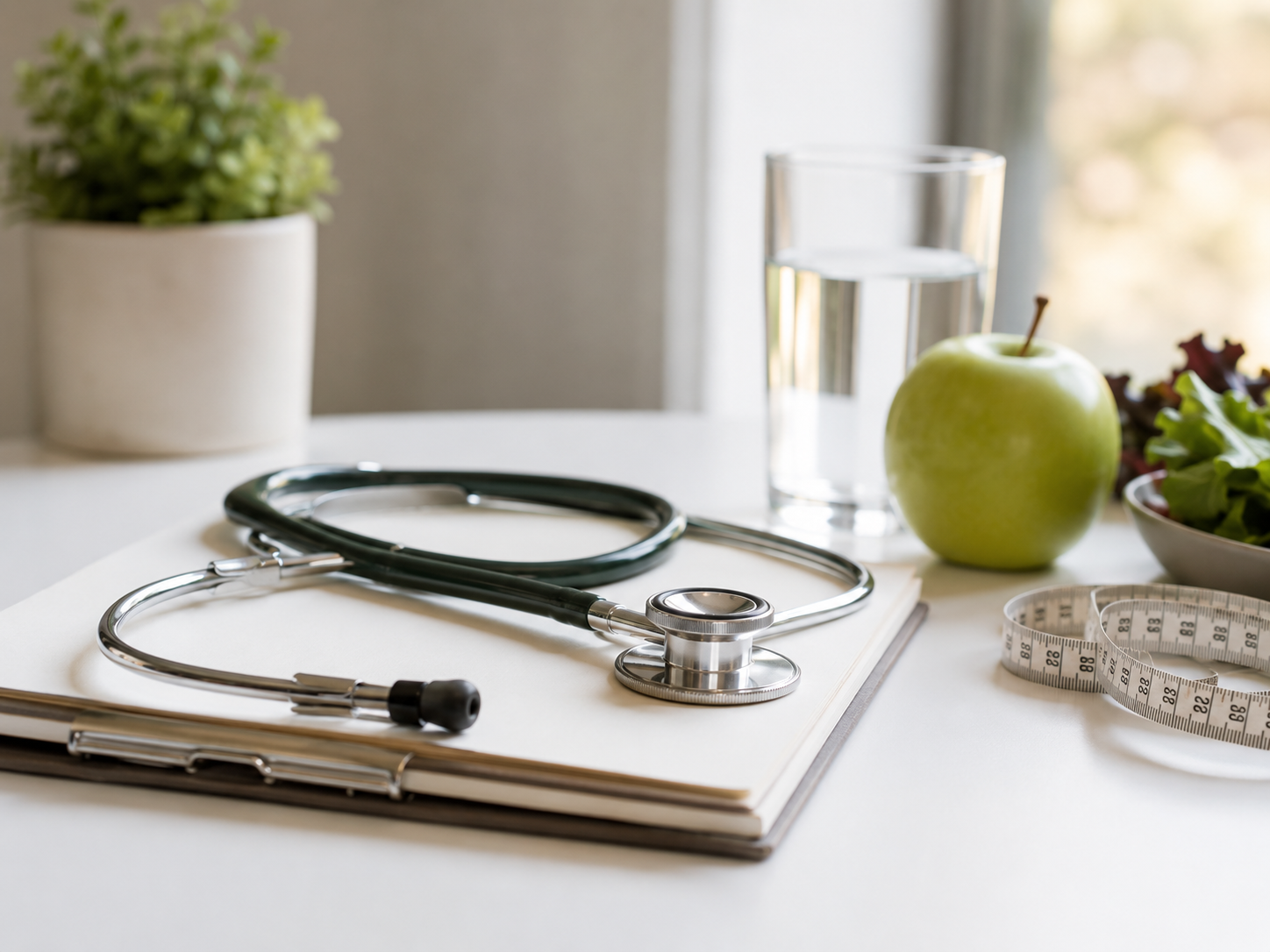 Stethoscope, green apple, water, and measuring tape representing physician-guided medical weight loss