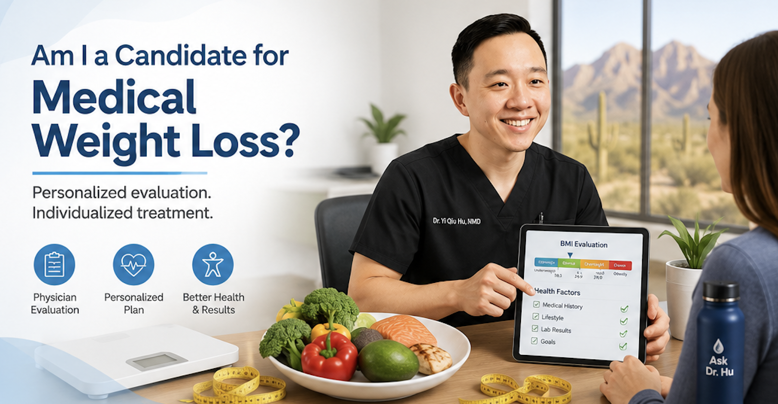 Medical weight loss consultation showing physician evaluating whether a patient is a candidate for a personalized weight loss program