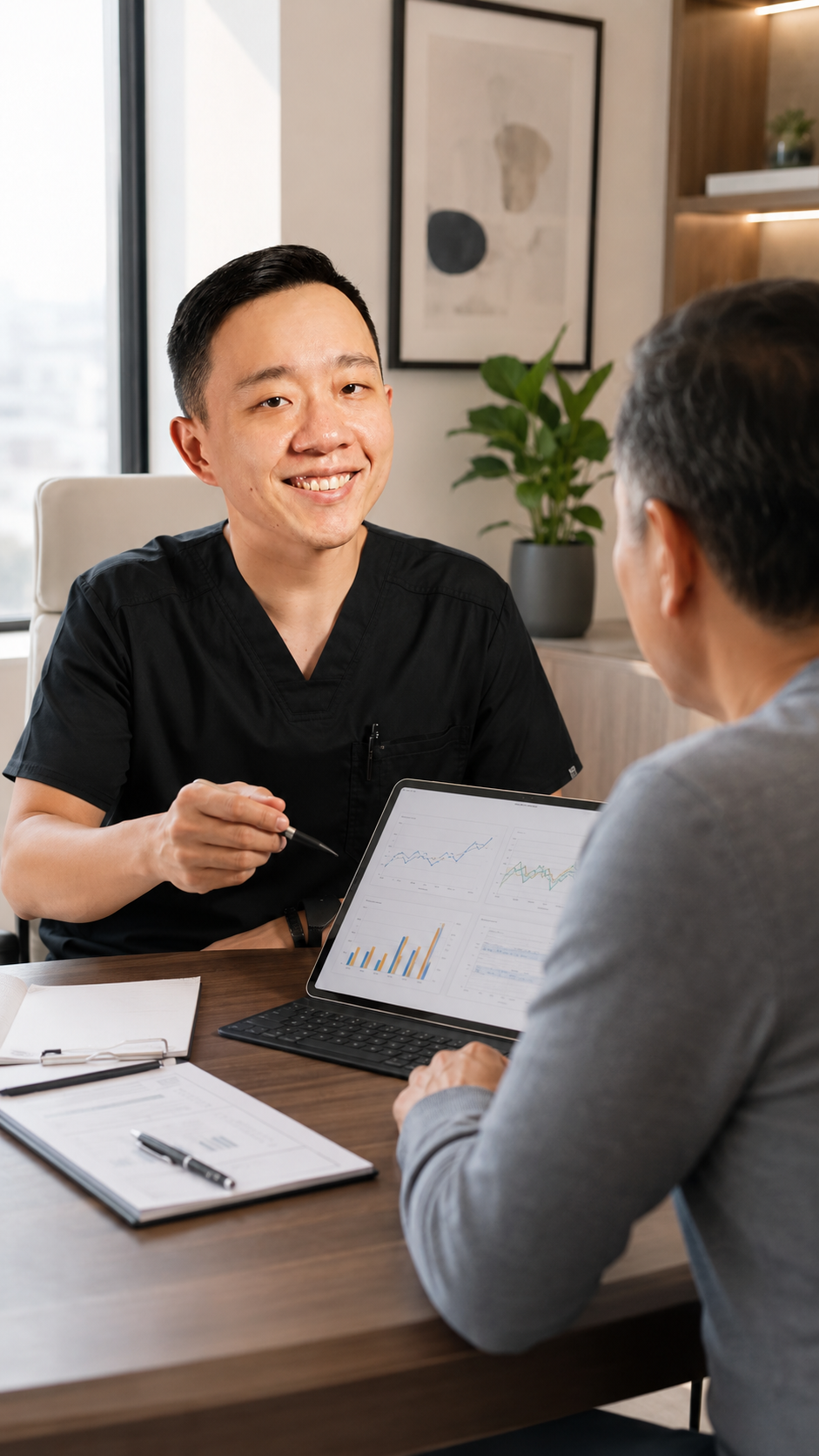 A young male healthcare professional wearing a black scrub top smiling and sitting at a desk during a consultation with an older male patient who is using a tablet displaying charts and graphs. The setting is a modern office with framed artwork and a potted plant in the background.