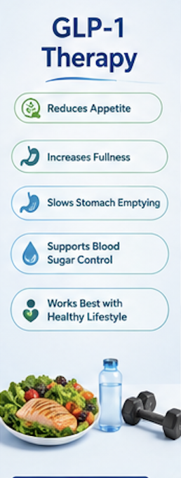 Information about GLP-1 therapy benefits, including reducing appetite, increasing fullness, slowing stomach emptying, supporting blood sugar control, and working best with a healthy lifestyle. Also features a salad, water bottle, and dumbbell.