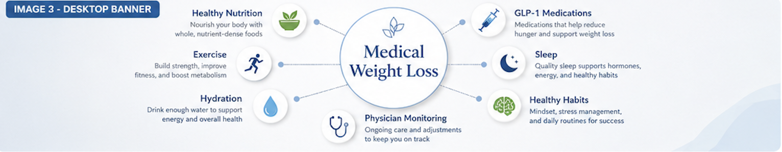 Diagram illustrating components of medical weight loss, including healthy nutrition, exercise, hydration, physician monitoring, GLP-1 medications, sleep, healthy habits, all connected to central text 'Medical Weight Loss'.