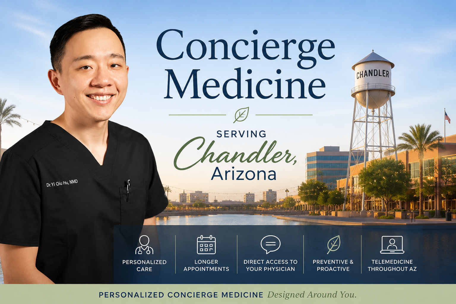 Promotional image advertising concierge medicine services in Chandler, Arizona, featuring a smiling male healthcare professional in black scrubs, a scenic lakeside cityscape at sunset with a water tower labeled 'CHANDLER,' and icons highlighting personalized care, longer appointments, direct access to physicians, preventive care, and telemedicine.