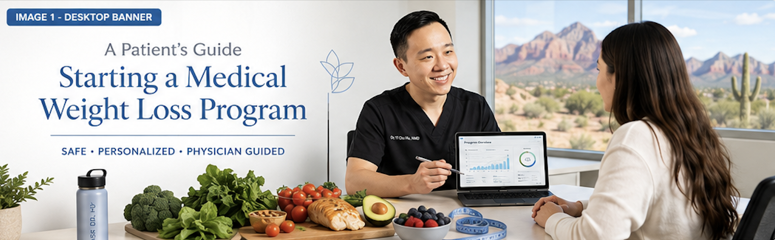 A banner for starting a medical weight loss program, featuring a smiling healthcare professional discussing with a woman at a desk. The desk has healthy foods including broccoli, lettuce, cherry tomatoes, avocado, blueberries, raspberries, and a loaf of bread. A laptop displaying charts is on the desk, with a large window showing desert mountains and cacti in the background.