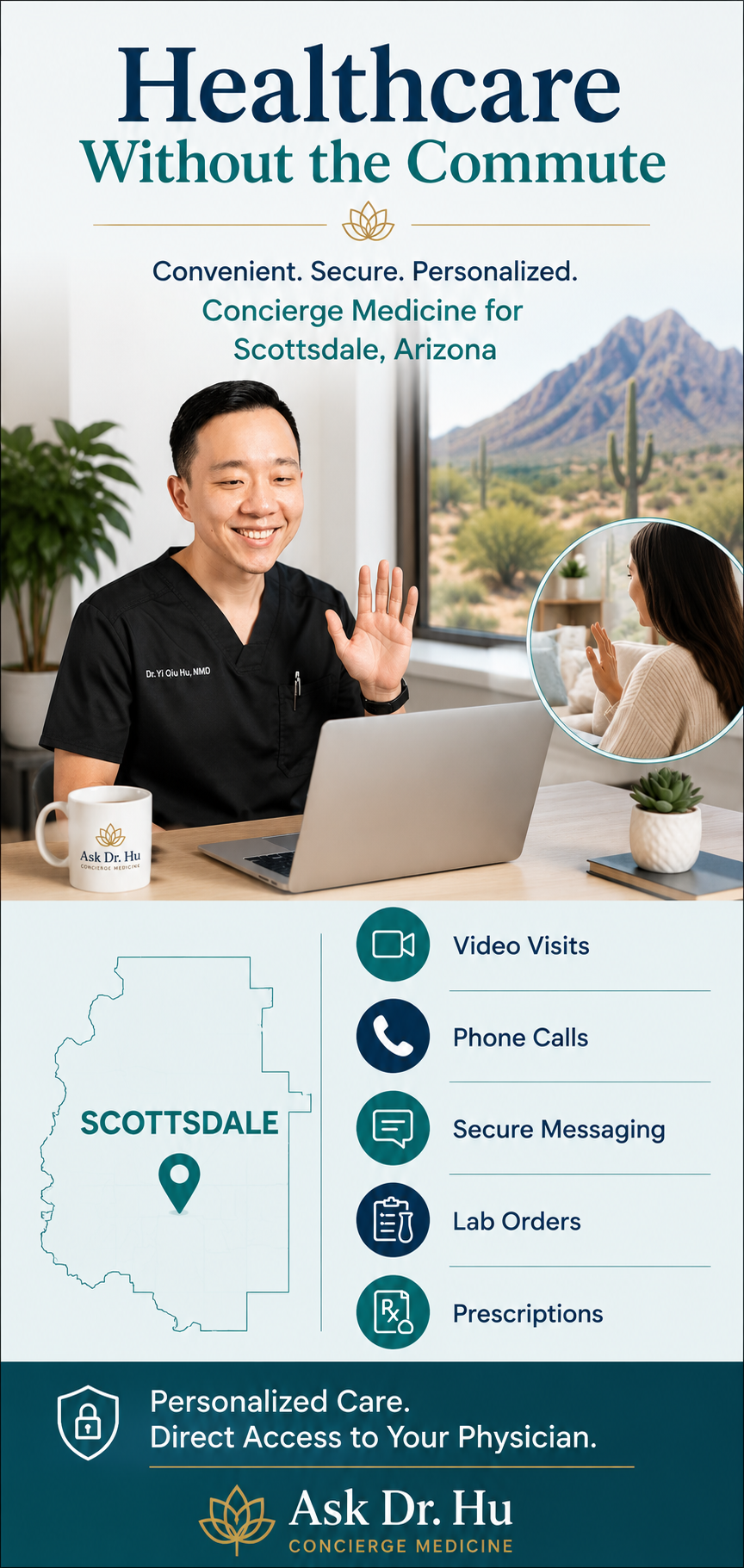 An advertisement for healthcare services in Scottsdale, Arizona, offering video visits, phone calls, secure messaging, lab orders, and prescriptions from Dr. Hu, a concierge medicine doctor, with a photo of Dr. Hu waving and smiling during a virtual consultation, and a woman waving from home in a circular inset.